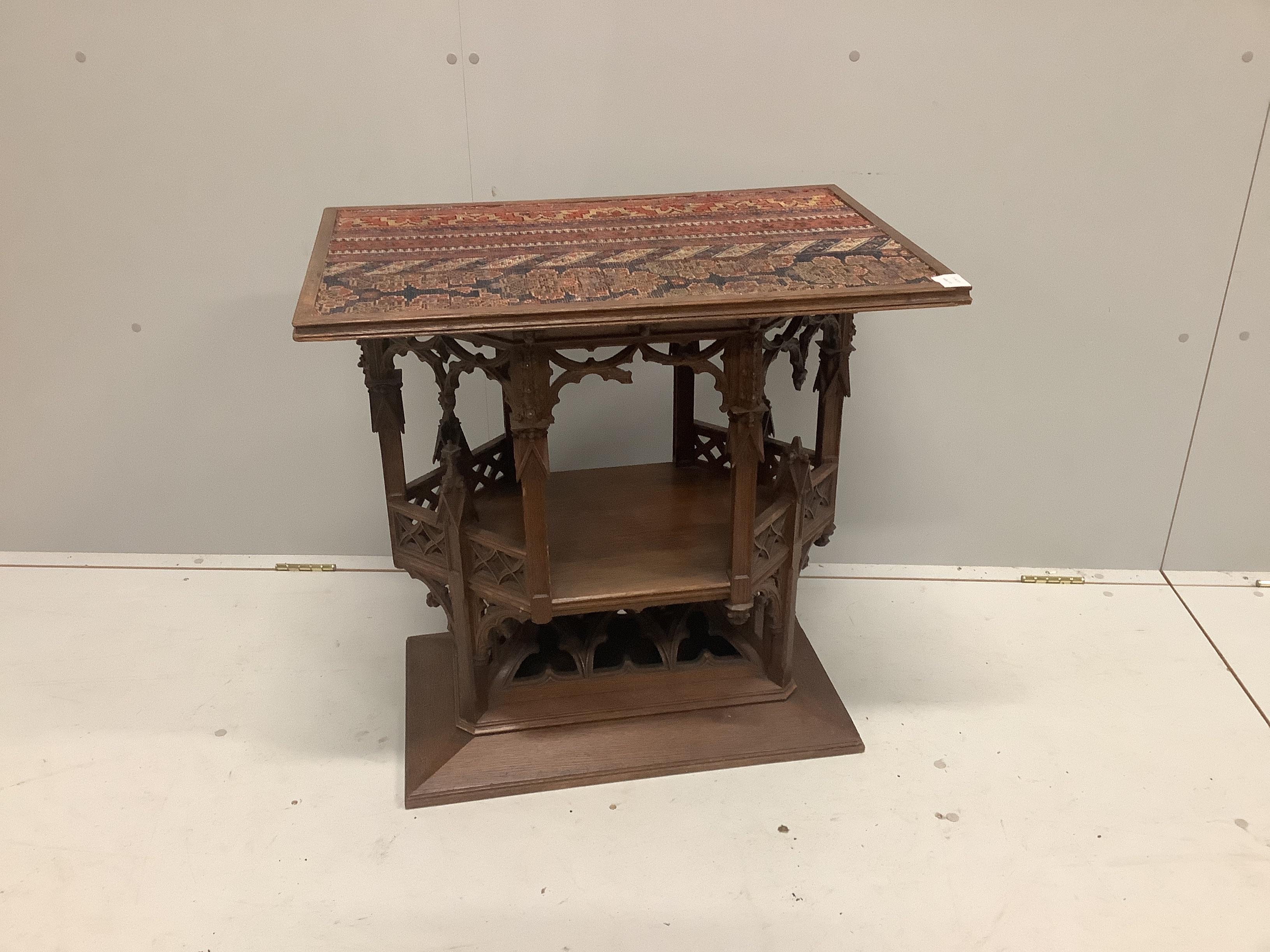 A Victorian Pugin style oak occasional table with Kilim inset top, width 75cm, depth 50cm, height 72cm